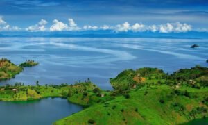Aerial view of Lake Kivu and its green islands
