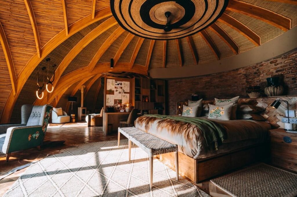Bedroom at Bisate Lodge with its woven domed ceiling