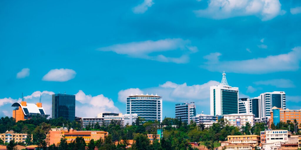 Kigali city skyline under a blue sky